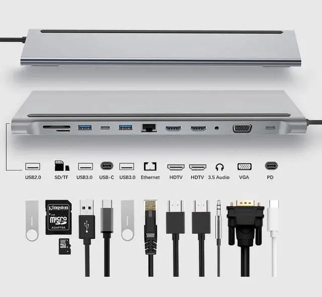 Main image of USB C Hub Docking Station 12 in 1 - Dual 4K HDMI/VGA,3 USB Ports, 3.5mm Audio, PD 100W, SD/TF, Ethernet - Laptop Docking Station for MacBook/Dell XPS/More Type-C Devices