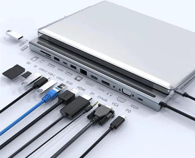 Alt view image 7 of 7 - USB C Hub Docking Station 12 in 1-4K HDMI&DP,VGA,3 USB Ports, 3.5mm Audio, PD 100W, SD/TF, 1Gbps Ethernet - Laptop Docking Station for MacBook/Dell XPS/More Type-C Devices