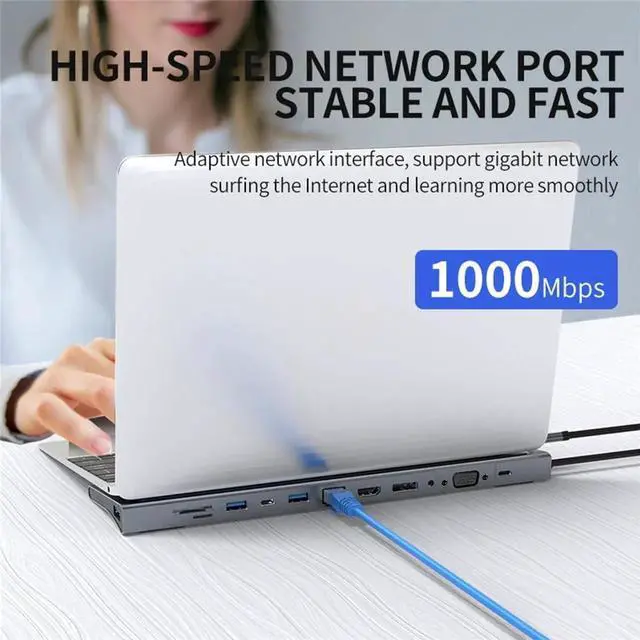 Alt view image 4 of 7 - USB C Hub Docking Station 12 in 1-4K HDMI&DP,VGA,3 USB Ports, 3.5mm Audio, PD 100W, SD/TF, 1Gbps Ethernet - Laptop Docking Station for MacBook/Dell XPS/More Type-C Devices