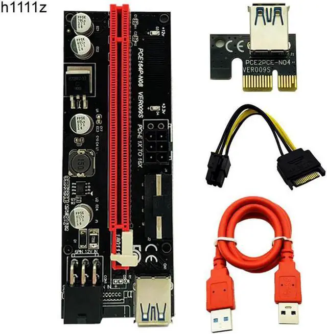 Main image of 009S PCIE RISER 6PIN 16X Adapter with 2 LEDs Express Card Sata Power Cable and 60cm USB 3.0 Cable for BTC Miner Antminer Mining