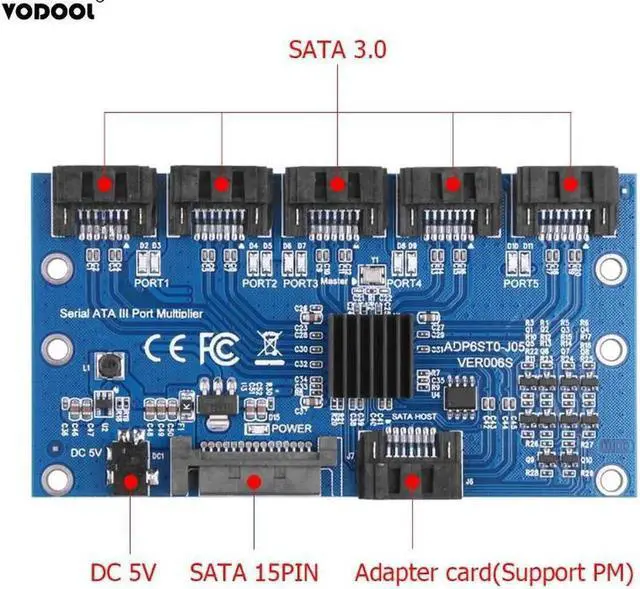 Alt view image 5 of 5 - SATA Expansion Card 1 to 5 Port SATA3.0 Controller Card Motherboard 6Gbps SATA Port Riser Card Adapter for Computer