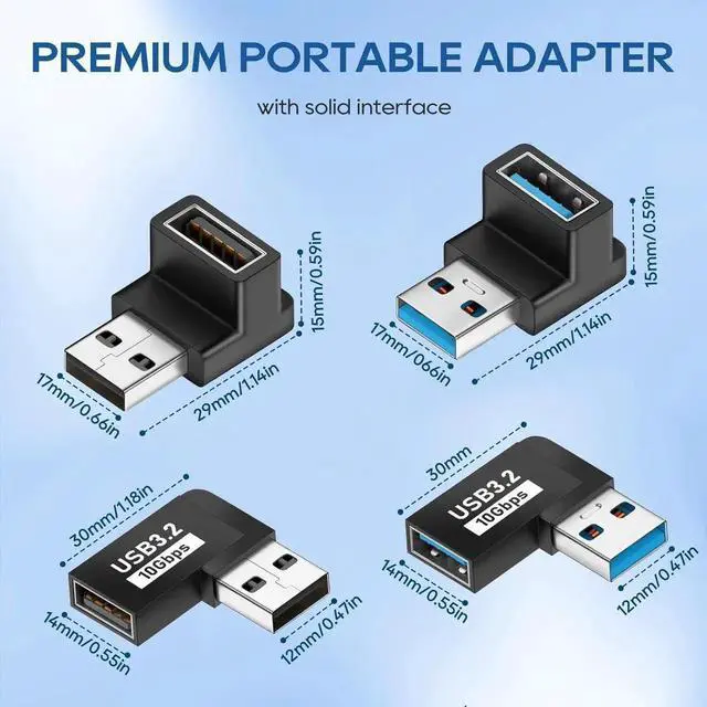Alt view image 5 of 7 - 90 Degree USB 3.2 Adapter 4-Pack USB 90 Degree Adapter USB Angle Adapter Vertical Up and Down Angle Horizontal Left and Right Angle USB A Male to USB A Female Adapter Extender Connector 10Gbps