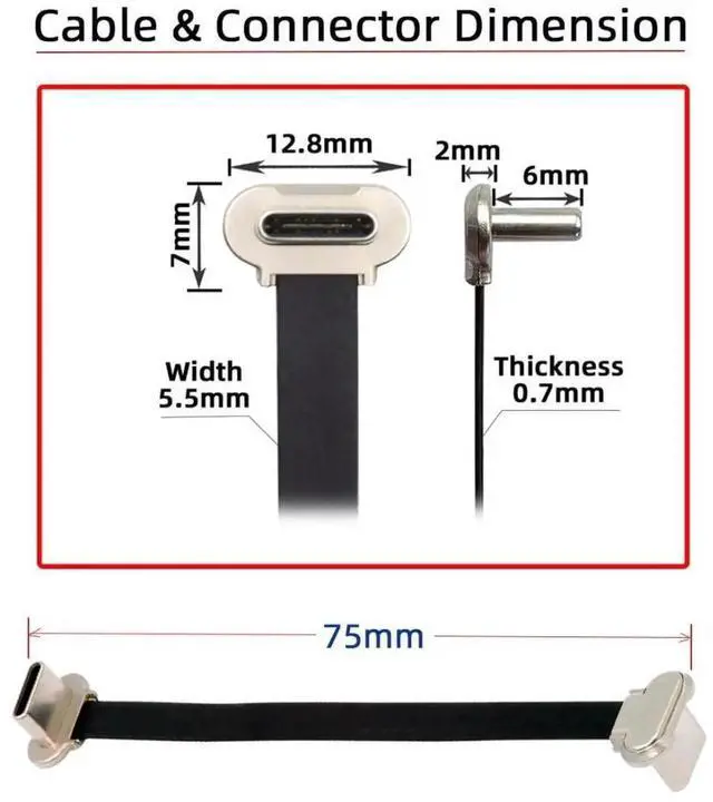 Alt view image 3 of 7 - USB C Short Flat Cable USB 2.0 Type C Dual 90 Degree Angled PD 65W Fast Charge Data Extension 75MM Cable
