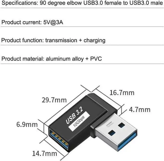Alt view image 3 of 5 - 90 Degree Left Right Angle USB 3.0 Male to Female Expansion Adapter USB Extender Connector Adapter 2 Pack-Black