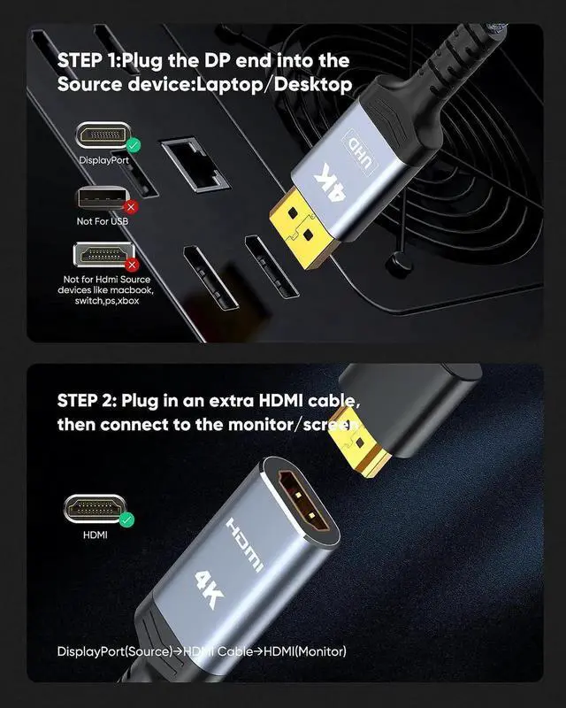 Alt view image 4 of 7 - 4K Display Port to HDMI Adapter Uni-Directional DP 1.2 Computer to HDMI 2.0 Screen Display Port to HDMI Adapter (Male to Female) SR Anti-Break No Latch for HP AMD NVIDIA Passive