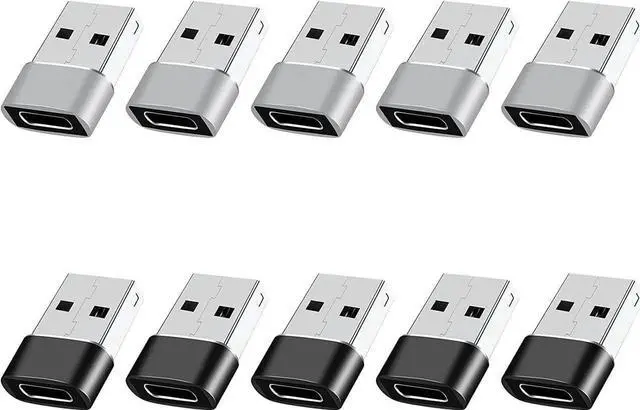 Main image of USB to USB C Adapter 10 Pack USB to USBC Adapter USB to USBC-C Adapter USB C Adapter USB A to USB C Adapter USB to USB C Converter for iPhone 15/14/13 Pro iPad Air AirPods and More Black+Grey