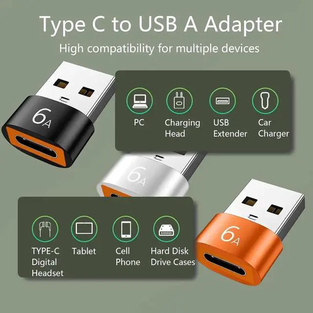 Alt view image 5 of 6 - USB to USB C Adapter 6A Type C Female to USB3.0 A Charger Cable Adapter Converter for Fast Charging & Data-3Pack