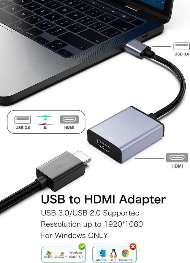 Alt view image 2 of 6 - USB to HDMI Adapter USB 3.0/2.0 to HDMI for Multiple Monitors 1080P Compatible with Windows XP/7/8/10/11 Grey
