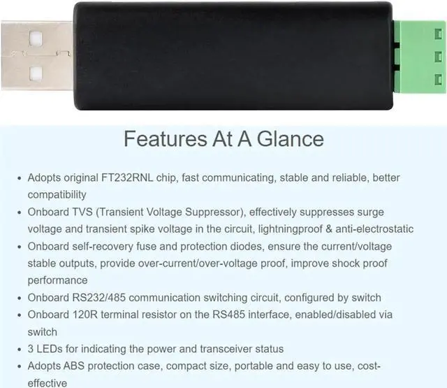 Alt view image 2 of 7 - USB to RS485 or RS232 Serial Converter Adapter Onboard Original FT232RNL Chip built-in self-recovering fuse TVS protection circuit etc. Compatible with Mac Linux Android Win11/10/ 8.1/8/7