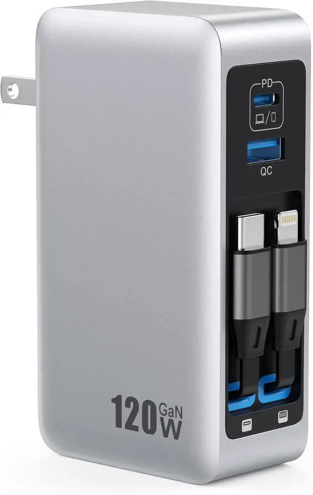 Main image of 120W USB C Charger Block with 2 Built-in Retractable Cables, 4-in-1 GaN IV Foldable Plug Wall Charger Rapid Charging Station, PD 65W Laptop Adapter for Macbook/iPad, iPhone 16/15/14, Galaxy S24, Andro