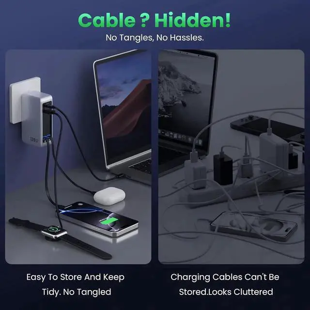 Alt view image 2 of 7 - 120W USB C Charger Block with 2 Built-in Retractable Cables, 4-in-1 GaN IV Foldable Plug Wall Charger Rapid Charging Station, PD 65W Laptop Adapter for Macbook/iPad, iPhone 16/15/14, Galaxy S24, Andro