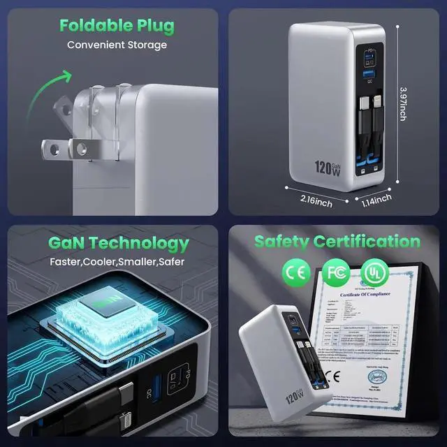 Alt view image 7 of 7 - 120W USB C Charger Block with 2 Built-in Retractable Cables, 4-in-1 GaN IV Foldable Plug Wall Charger Rapid Charging Station, PD 65W Laptop Adapter for Macbook/iPad, iPhone 16/15/14, Galaxy S24, Andro