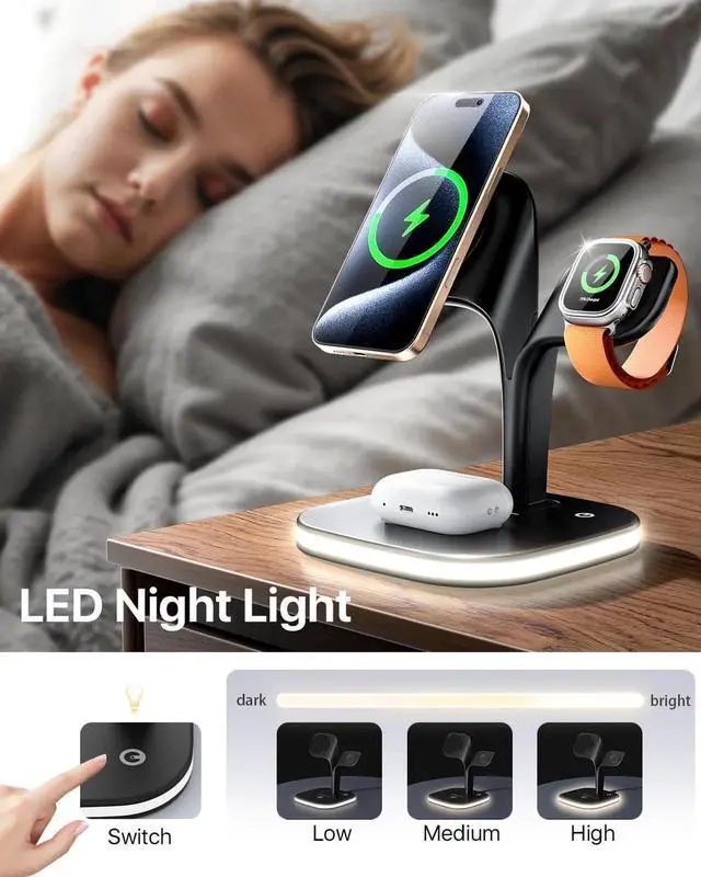 Alt view image 4 of 7 - Wireless charging station for Magsafe chargers, charging station for multiple devices, wireless charger for iPhone 16/15/14/13/12 series, Apple Watch Series 1-9, AirPods with LED and adapter (black)