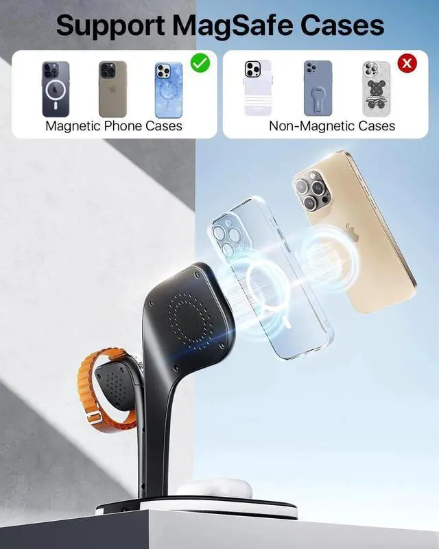 Alt view image 7 of 7 - Wireless charging station for Magsafe chargers, charging station for multiple devices, wireless charger for iPhone 16/15/14/13/12 series, Apple Watch Series 1-9, AirPods with LED and adapter (black)