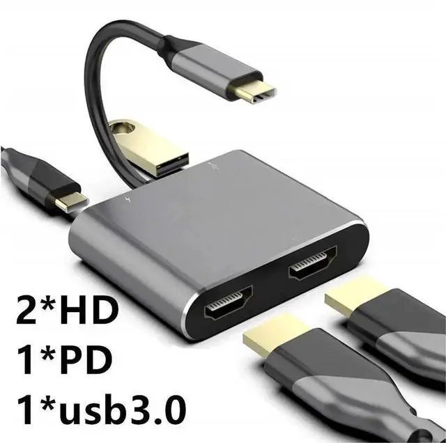 Main image of USB C Hub Adapter 4K 60hz to Dual HDMI-compatible Screen Expansion Type C Docking Station For Macbook Laptop Mobile Phone PCColor: Black (4 in 1 hd)