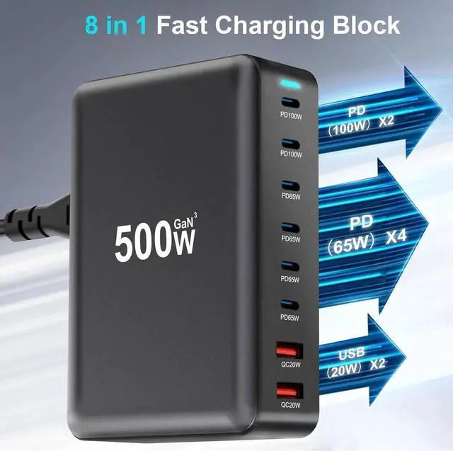 Alt view image 3 of 7 - 500W USB C Fast Charger Block, 8-Port USB Charging Station, GaN III. Pro Dual 100W PD PPS Port Fast Charging Station for Multiple Devices, Laptop Wall Charger Compatible with MacBook/iPhone 16/iPad an