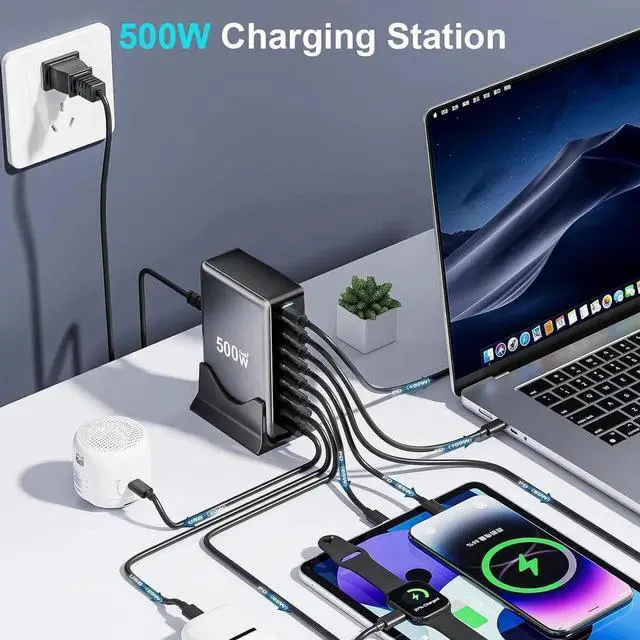 Alt view image 2 of 7 - 500W USB C Fast Charger Block, 8-Port USB Charging Station, GaN III. Pro Dual 100W PD PPS Port Fast Charging Station for Multiple Devices, Laptop Wall Charger Compatible with MacBook/iPhone 16/iPad an