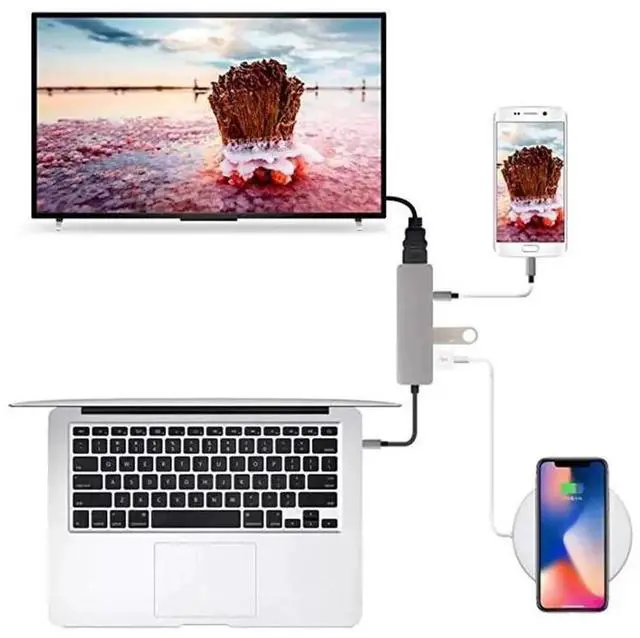 Alt view image 2 of 6 - USB 3.1 Type-C Hub To HDMI-compatible 4K Thunderbolt 3 USB C with Usb3.3 TF SD Reader Slot PD for MacBook Pro/Air/Huawei MateColor: Red (3 in hub silver)