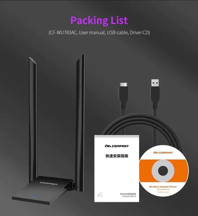 Alt view image 2 of 5 - High Power CF-WU783AC USB3.0 Wifi Adapter 1900Mbps Wi fi Adapter 5Ghz Antenna 2*6dbi USB AC Ethernet PC Wi-Fi Adapter Lan Dongle
