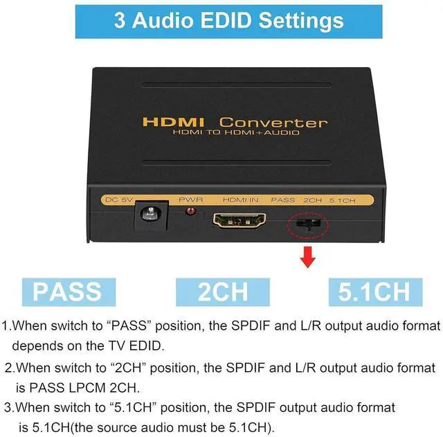 Alt view image 5 of 7 - 4K HDMI Audio Extractor Splitter, 1080P HDMI to HDMI Audio Converter + Fiber Optic Toslink SPDIF + L/R Stereo Analog Audio, HDMI Audio Adapter for Fire Stick, Blu-ray Player (4K 30Hz Black)