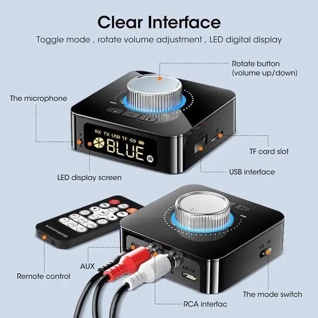 Alt view image 5 of 7 - 2-in-1 Bluetooth 5.0 Transmitter Receiver, Mini Wireless Bluetooth Jack Adapter 3.5mm AUX/RCA/TF/USB, Bluetooth Adapter for TV/Home/Car/PC/Headphones/Speakers