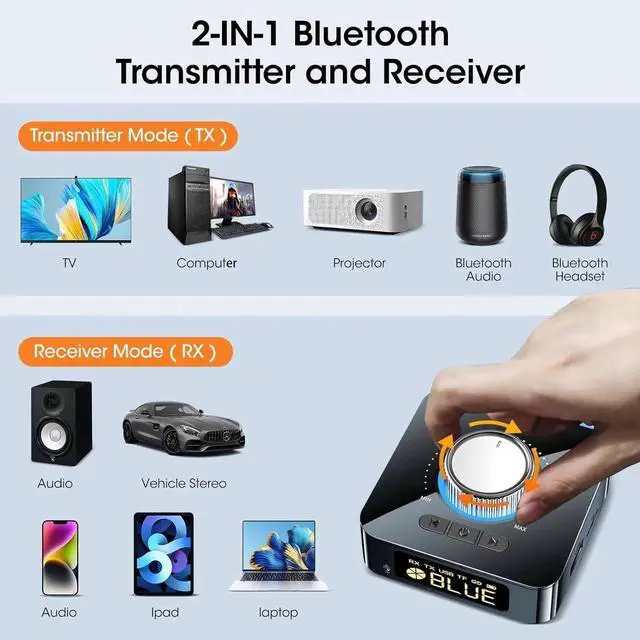 Alt view image 4 of 7 - 2-in-1 Bluetooth 5.0 Transmitter Receiver, Mini Wireless Bluetooth Jack Adapter 3.5mm AUX/RCA/TF/USB, Bluetooth Adapter for TV/Home/Car/PC/Headphones/Speakers
