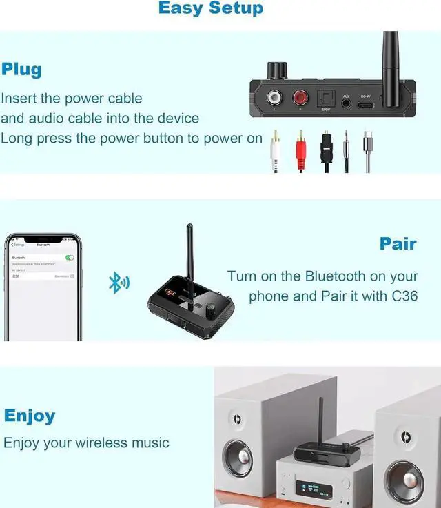 Alt view image 3 of 7 - Bluetooth 5.3 Receiver for Home Stereo, Optical Low Latency and High Definition Music Audio Bluetooth to RCA Adapter for Stereo/Speakers/Wired Speakers/Home Music Streaming Stereo System with AUX/USB