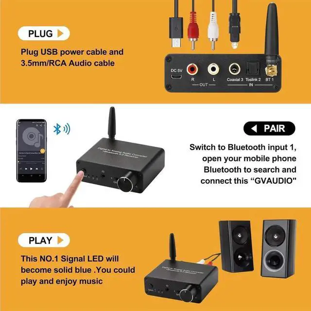 Alt view image 7 of 7 - 192kHz Digital to Analog Converter Bluetooth 5.0 Receiver DAC with 16-300 Headphone Amplifier Optical/Coaxial to RCA 3.5mm Audio Output with Volume Control for TV Phone Tablet (Normal, Basic)