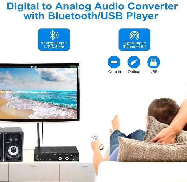 Alt view image 3 of 7 - USB 192KHz DAC Digital to Analog Converter with Headphone AmplifierBuilt-in Bluetooth V5.0 ReceiverMusic PlayerVolume Adjustable Digital SPDIF TOSLINK to Stereo L/R and 3.5mm Jack