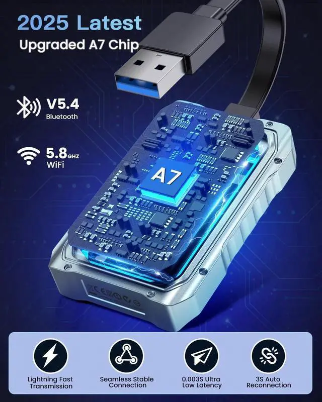 Alt view image 3 of 7 - 2025 Upgraded Wireless CarPlay Adapter for iPhone, Fastest and Stable 5G WiFi and 5.4 Bluetooth Apple CarPlay Dongle with RGB Lights, Compatible with iPhone 8+, Android Auto, 2017 Cars