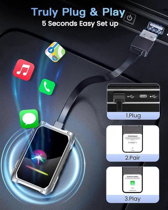 Alt view image 4 of 7 - 2025 Upgraded Wireless CarPlay Adapter for iPhone, Fastest and Stable 5G WiFi and 5.4 Bluetooth Apple CarPlay Dongle with RGB Lights, Compatible with iPhone 8+, Android Auto, 2017 Cars