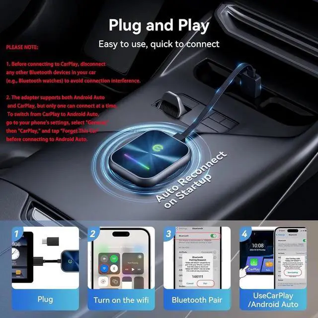 Alt view image 2 of 6 - Wireless CarPlay Adapter 2024 Upgraded, 2-in-1 Wireless CarPlay and Android Auto Adapter Converts Factory Wired CarPlay to Wireless, Plug and Play CarPlay Wireless Adapter, Compatible with iPhone/Andr