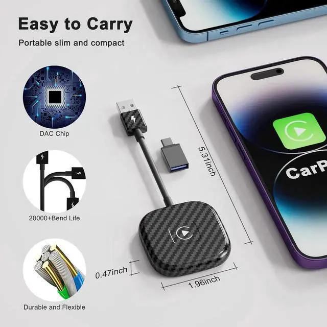 Alt view image 2 of 7 - Wireless CarPlay Adapter for Apple iPhone, Wireless Carplay USB Dongle Converter Wired Carplay to Wireless, Supports Online Updates Plug and Play, Suitable for Car Built-in Wired CarPlay (Carbon)