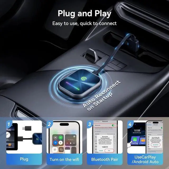 Alt view image 2 of 7 - Wireless CarPlay Adapter 2024 Upgraded, 2-in-1 Wireless CarPlay and Android Auto Adapter Converts Factory Wired CarPlay to Wireless, Plug and Play CarPlay Wireless Adapter, Compatible with iPhone/Andr