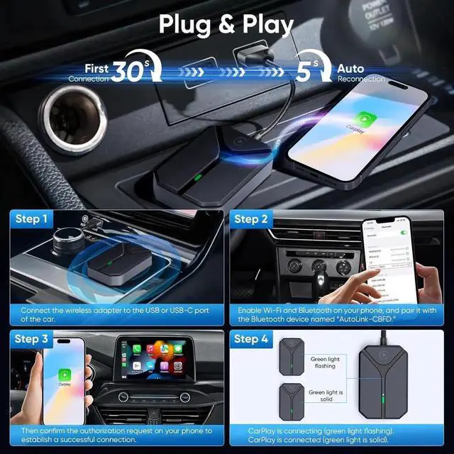 Alt view image 4 of 7 - Wireless Carplay Adapter for Apple, Easily upgrade from wired to wireless Carplay, Plug and Play Carplay dongle, No lag, Automatically connects to Carplay, Works with iPhone 6 or later/iOS10+