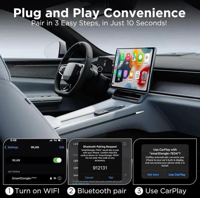 Alt view image 4 of 7 - Wireless CarPlay Adapter for Apple iPhone, Wireless Carplay USB Dongle Converter Wired Carplay to Wireless, Supports Online Updates Plug and Play, Suitable for Car Built-in Wired CarPlay (Carbon)