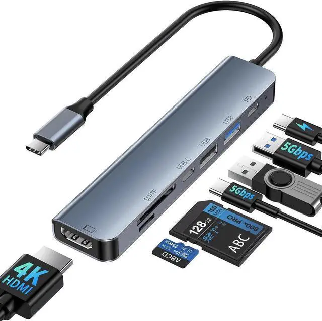 Main image of USB C Hub Multi-Port Adapter, 7-in-1 USB-C Docking Station 4K@60Hz HDMI, 100W PD, USB A 3.0/2.0, 5Gbps Type-C Port, SD/TF Card Reader, Type C dongle Compatible with USBC Laptops, MacBook Pro/Air, XPS,