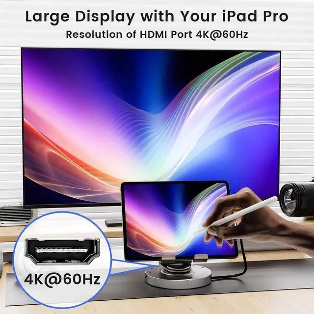 Alt view image 6 of 7 - USB C Hub for Ipad Pro Docking Station, 8-in-1 Swivel Folding Type-C Tablet Holder with 4k HDMI, USB C 3.0 Data Port, 2*USB A 3.0,100W PD Charging, 3.5mm Auxiliary for Ipad Pro/Phone 15/Galaxy Tab