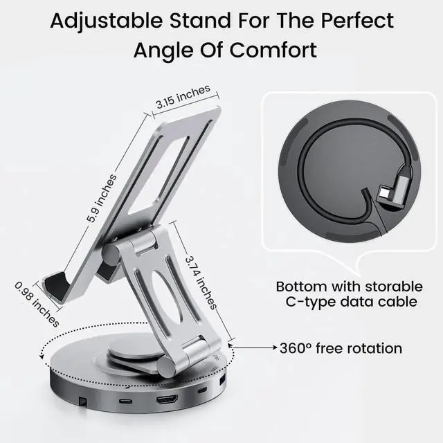 Alt view image 3 of 7 - USB C Hub for Ipad Pro Docking Station, 8-in-1 Swivel Folding Type-C Tablet Holder with 4k HDMI, USB C 3.0 Data Port, 2*USB A 3.0,100W PD Charging, 3.5mm Auxiliary for Ipad Pro/Phone 15/Galaxy Tab