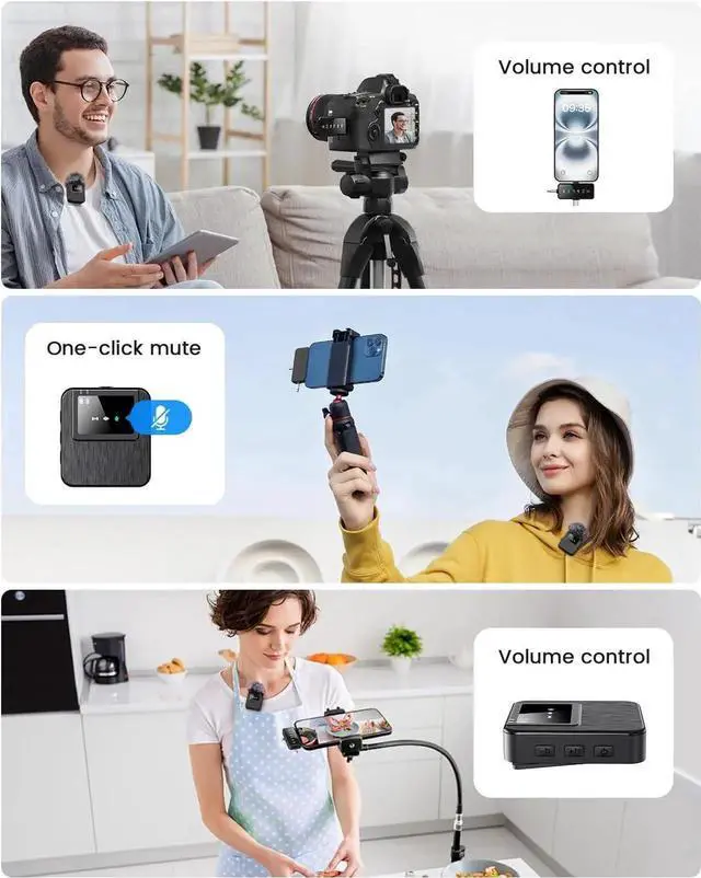 Alt view image 2 of 7 - 3-in-1 Pro Wireless Lavalier Microphone for iPhone, Android, Camera - 328-foot range, 20-hour battery, wireless microphone, noise cancellation for recording, live streaming, YouTube, TikTok