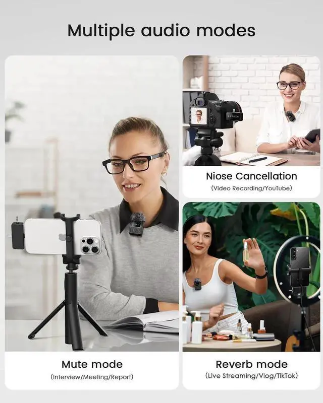 Alt view image 6 of 7 - 3-in-1 Pro Wireless Lavalier Microphone for iPhone, Android, Camera - 328-foot range, 20-hour battery, wireless microphone, noise cancellation for recording, live streaming, YouTube, TikTok