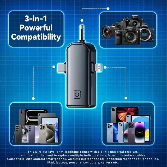 Alt view image 3 of 7 - 3-in-1 Wireless Lavalier Microphone for iPhone, Android, USB-C, Camera, Built-in Noise Cancellation Chip Noise, Plug and Play, 2.4G Ultra-Low Latency Mini Mic for Interviews/tiktok/Vlogs/YouTube (3 Mi