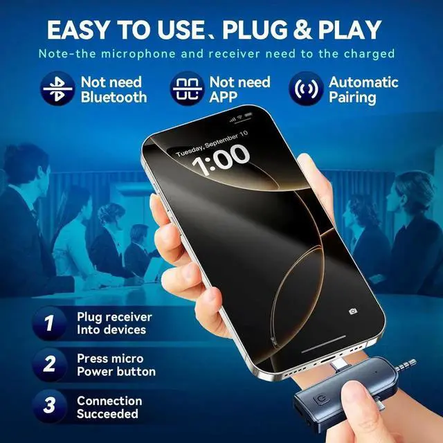 Alt view image 2 of 7 - 3-in-1 Wireless Lavalier Microphone for iPhone, Android, USB-C, Camera, Built-in Noise Cancellation Chip Noise, Plug and Play, 2.4G Ultra-Low Latency Mini Mic for Interviews/tiktok/Vlogs/YouTube (3 Mi