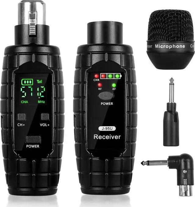 Main image of UHF Wireless Microphone System, Transmitter and Receiver XLR Adapter for Dynamic Microphones, Guitars, Mixers, PA Systems, 16 Adjustable Frequencies, USB Rechargeable, 250ft Range