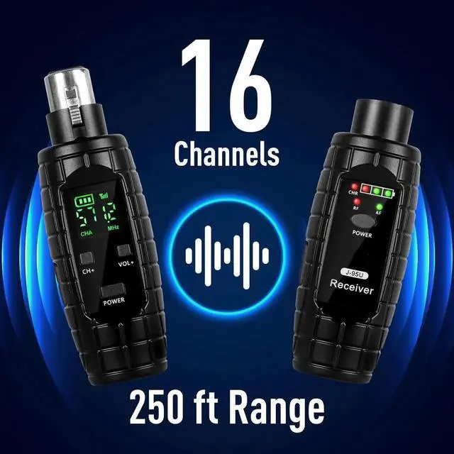 Alt view image 4 of 6 - UHF Wireless Microphone System, Transmitter and Receiver XLR Adapter for Dynamic Microphones, Guitars, Mixers, PA Systems, 16 Adjustable Frequencies, USB Rechargeable, 250ft Range