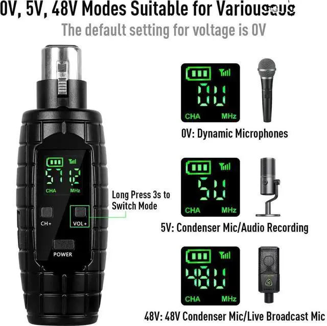 Alt view image 5 of 6 - UHF Wireless Microphone System, Transmitter and Receiver XLR Adapter for Dynamic Microphones, Guitars, Mixers, PA Systems, 16 Adjustable Frequencies, USB Rechargeable, 250ft Range