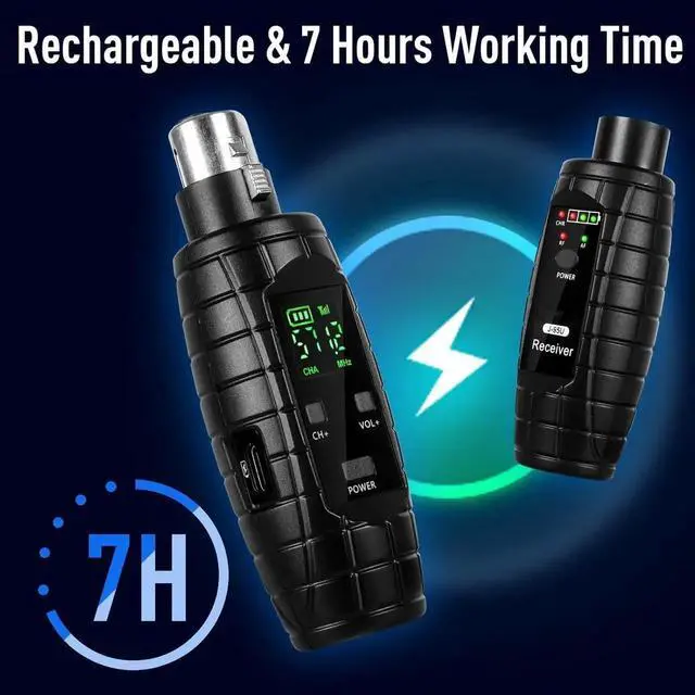 Alt view image 3 of 6 - UHF Wireless Microphone System, Transmitter and Receiver XLR Adapter for Dynamic Microphones, Guitars, Mixers, PA Systems, 16 Adjustable Frequencies, USB Rechargeable, 250ft Range