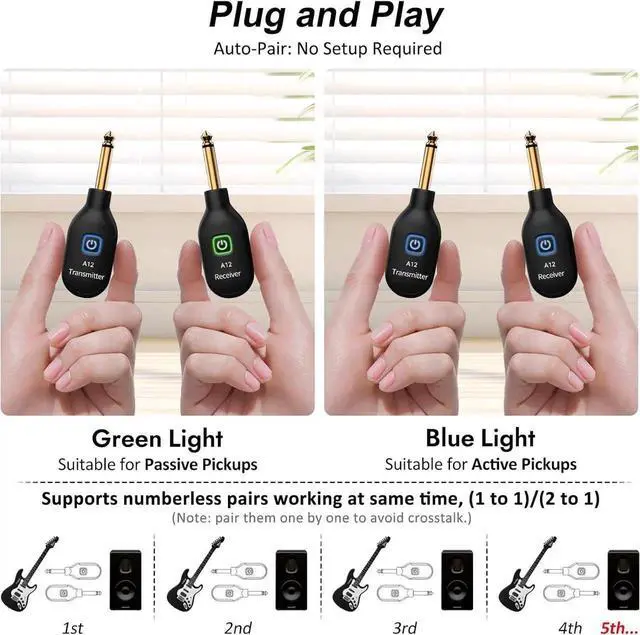 Alt view image 7 of 7 - A12 Wireless Guitar Transmitter Receiver - 2.4GHz System, 24-bit 48KHz Audio, 100-Foot Range, No Latency, Rechargeable, Easy Pairing of Electric Guitar and Bass - Black