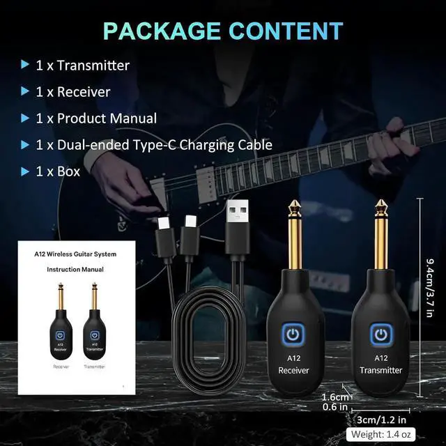 Alt view image 2 of 7 - A12 Wireless Guitar Transmitter Receiver - 2.4GHz System, 24-bit 48KHz Audio, 100-Foot Range, No Latency, Rechargeable, Easy Pairing of Electric Guitar and Bass - Black