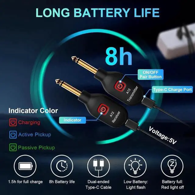 Alt view image 4 of 7 - A12 Wireless Guitar Transmitter Receiver - 2.4GHz System, 24-bit 48KHz Audio, 100-Foot Range, No Latency, Rechargeable, Easy Pairing of Electric Guitar and Bass - Black